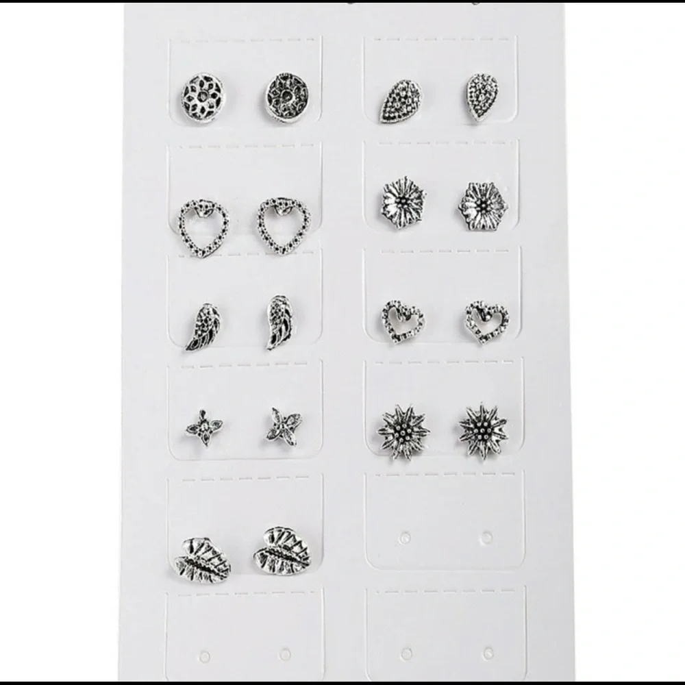 SILVER 9 pairs flower & Heart Stud Earrings